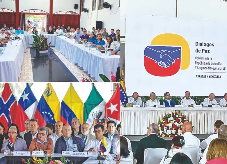 Las distintas delegaciones que participan en las mesas de paz aún activas durante el Gobierno Petro, en contraste con la fallida negociación con el ELN. FOTOS AFP Y @ComisionadoPaz