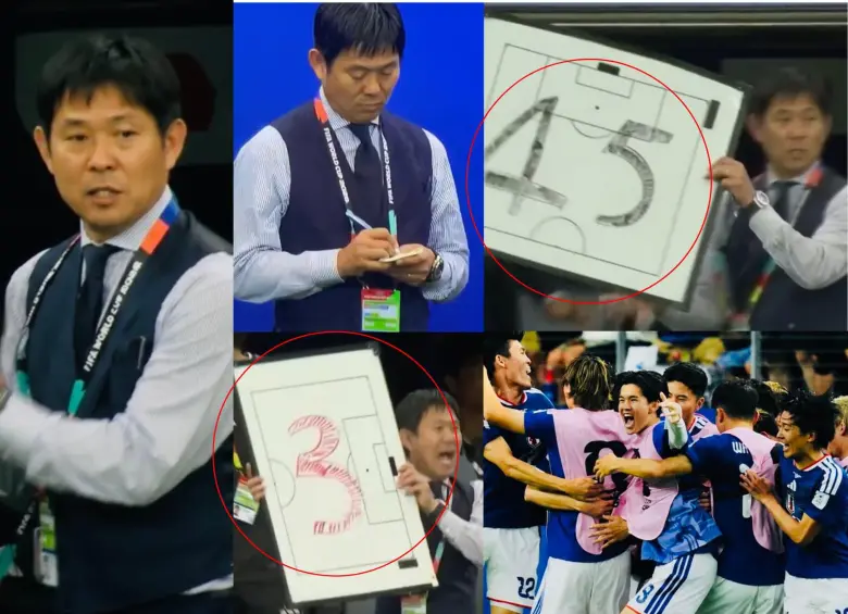 Hajime Moriyasu, entrenador de Japón, utiliza un tablero con códigos numéricos para transmitir instrucciones tácticas durante los partidos del Mundial. Foto: Captura de video / FIFA