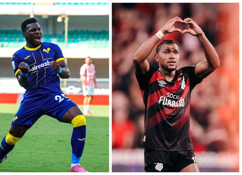 Daniel Mosquera (izquierda) y Jorge Rivaldo Pinto (derecha), son dos de los delanteros colombianos que alzan la mano en el exterior. FOTO: X HellasVeronaFC y AthleticoPR