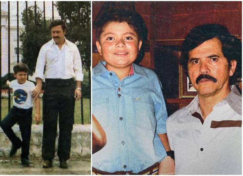 A la izquierda, una foto real de Pablo y su hijo, mientras que la de la derecha es una imagen de la serie. FOTO: Cortesía Disney+ y redes sociales Juan Pablo Escobar Henao.