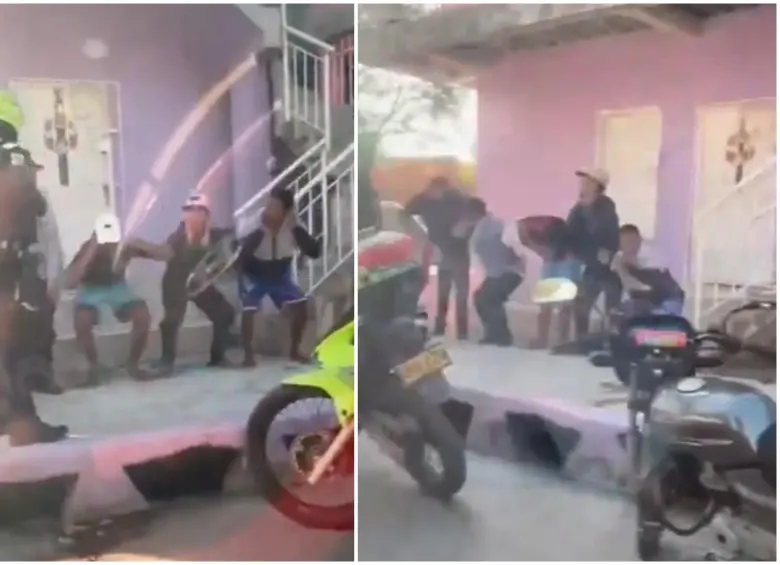 Los cinco jóvenes haciendo sentadillas mientras fueron grabados. FOTO: Captura video de redes sociales @EltrinoCo