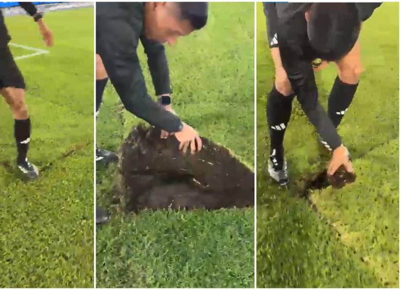 Árbitros y miembros de la Dimayor revisando el estado del campo de juego, el estadio El Campin. FOTO: Captura de video de redes sociales de Dimayor
