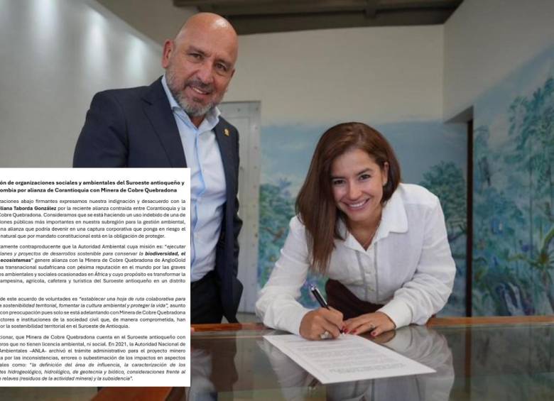 Adelante, carta de asociaciones ambientales contra la firma del acuerdo. Atrás, firma del acuerdo por parte de Corantioquia y Quebradona. FOTO: Cortesía.