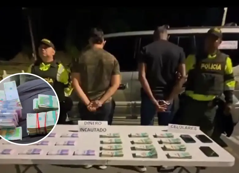 Además del dinero, en el operativo fueron incautados tres equipos de comunicación y el vehículo en el que se movilizaban los capturados. Foto: Policía Nacional del Valle
