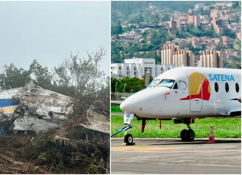 A un lado, el ensamblaje del avión, completamente destruido, denota lo violento del impacto. Al otro, una imagen de cómo era el modelo del avión. FOTOS: Cortesía Luis Miguel Galeano y tomada de X @copter_colombia
