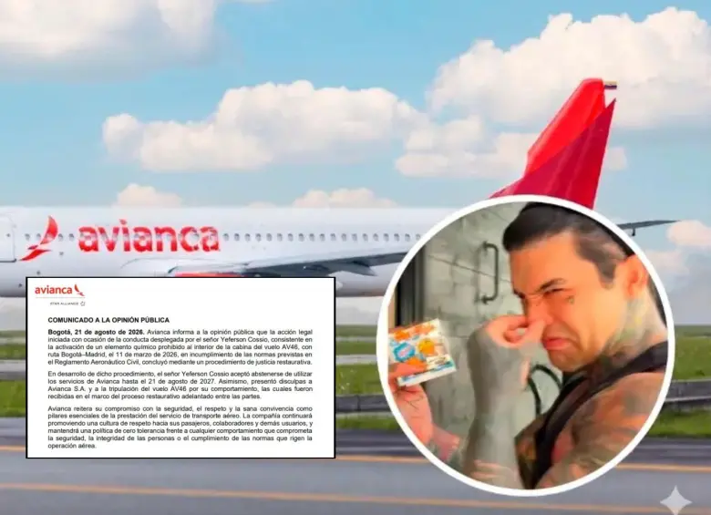 La activación del llamado “peo químico” se dio en un vuelo Bogotá-Madrid en marzo de 2026. Fotos: Captura de TikTok y Avianca