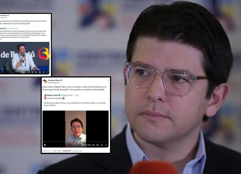 La defensa de Miguel Uribe Turbay presentó un documento de 20 páginas con 43 trinos en donde el presidente Gustavo Petro habría atacado al senador y a su partido. Fotos: Colprensa y captura de redes sociales