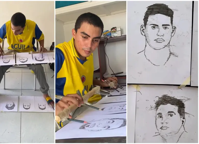 El joven cartagenero dibujó al mismo tiempo los rostros de los doce integrantes del combinado nacional tras la caída por penales ante Suiza. FOTO: Captura de video de redes sociales @javy_arts