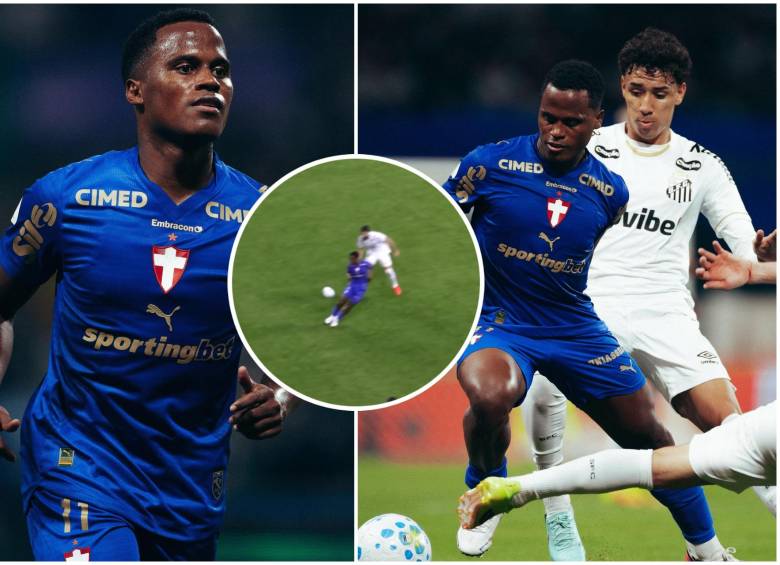 En la victoria 3-0 de Palmeiras sobre Santos por los cuartos de final de la Copa de Brasil, el extremo colombiano firmó la acción más espectacular del encuentro, una maniobra individual. FOTO: Tomada de redes sociales @jhonariasa y captura de video de Palmeiras