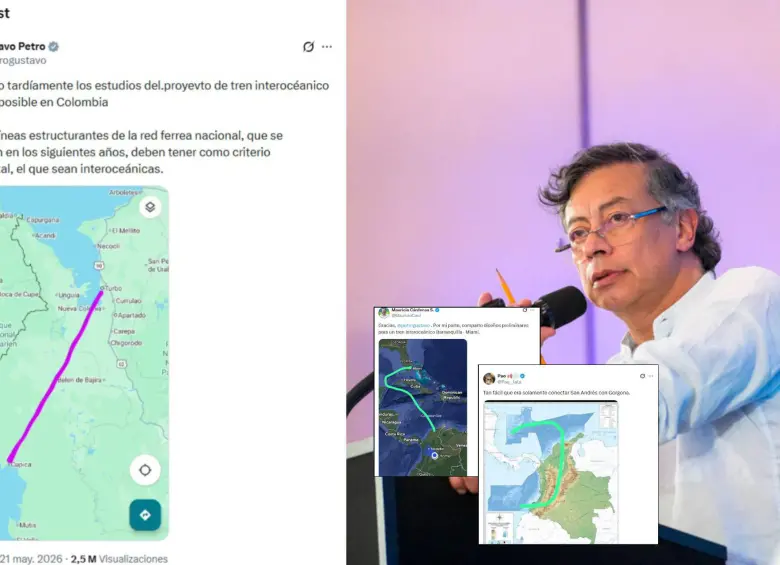 Una publicación del presidente Gustavo Petro mostrando una simple línea como estudios de un tren interoceánico ha generado críticas en las redes. Fotos: Colprensa y capturas de X. 