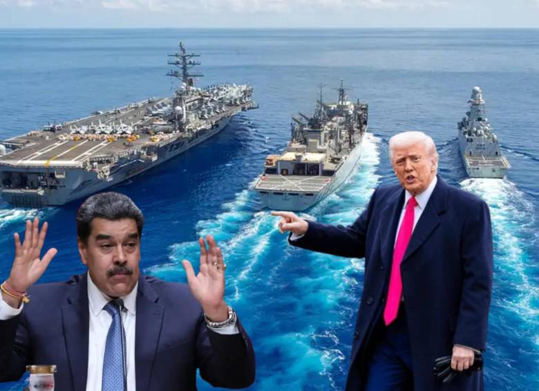 Nicolás Maduro y Donald Trump; de fondo, buques de guerra enviados por Estados Unidos al Pacífico. Fotos: AFP - cortesía U.S. Navy