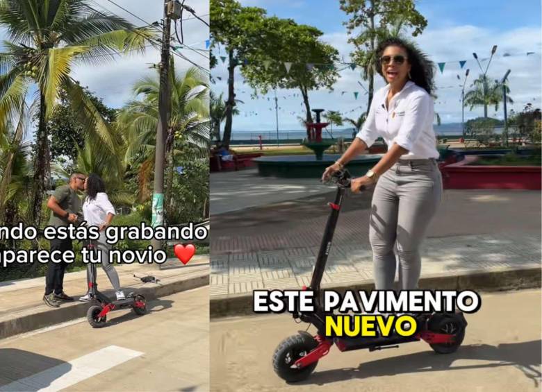 La gobernadora del Chocó, Nubia Carolina Córdoba, recorrió en patineta eléctrica las calles de Bahía Solano mientras mostraba las obras de pavimentación y promocionaba el municipio como destino turístico. Foto: redes sociales @nubiacarolinacc