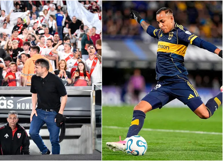 Eduardo “Chacho” Coudet (izquierda) DT de River y Sebastián Villa (derecha). FOTOS: X River Plate e instagram sebastianvilla14