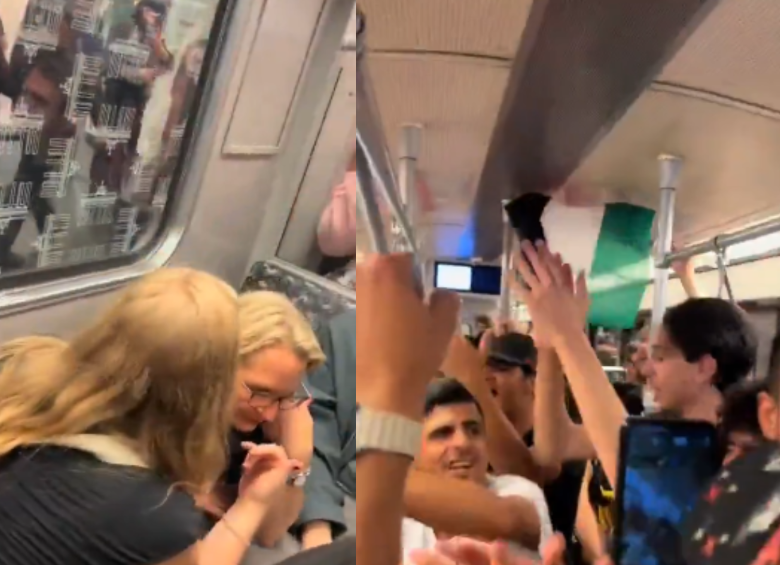 Pasajeras del metro de Berlín fueron grabadas llorando y angustiadas mientras jóvenes agitaban una bandera palestina en el vagón. FOTO: Captura de video