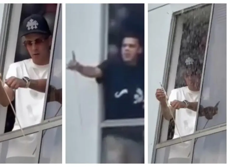 Secuencia en la que se observa a los dos sujetos y luego como les cae el baldado de agua. FOTO: Imagen tomada de redes sociales