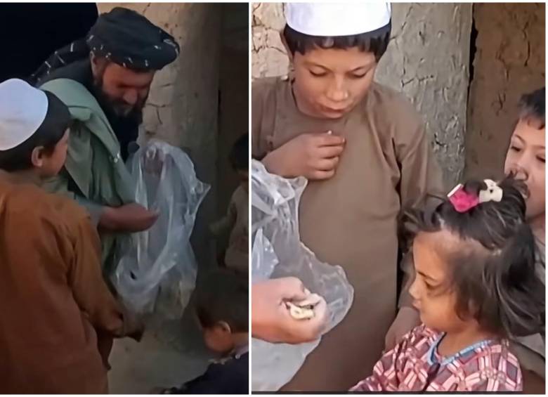 Muhammad Sadeq dándole algo de comida a sus hijos. FOTO: Captura de video de redes sociales de BBC