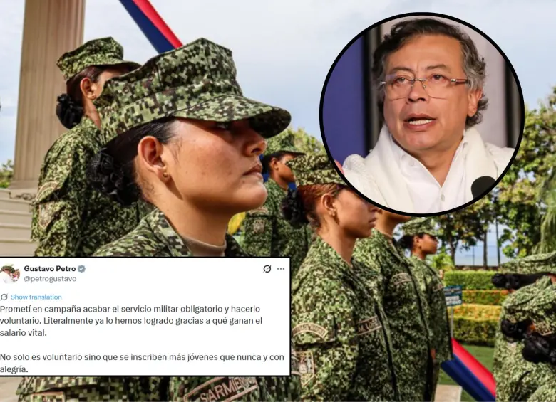 En el mensaje que compartió el mandatario a través de sus redes sociales, aseguró que prometió “en campaña acabar el servicio militar obligatorio y hacerlo voluntario”. FOTO: Colprensa y tomada de X @petrogustavo