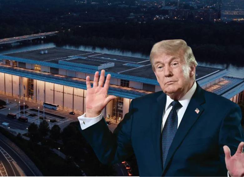 El presidente de Estados Unidos, Donald Trump, y el Kennedy Center, en Washington. Foto: Getty / redes sociales Kennedy Center