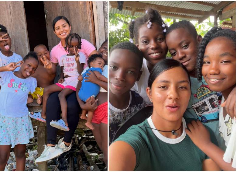 Andrea Rico con los niños y la comunidad en el Chocó. FOTO: Captura tomada de redes sociales de @andrearico_24