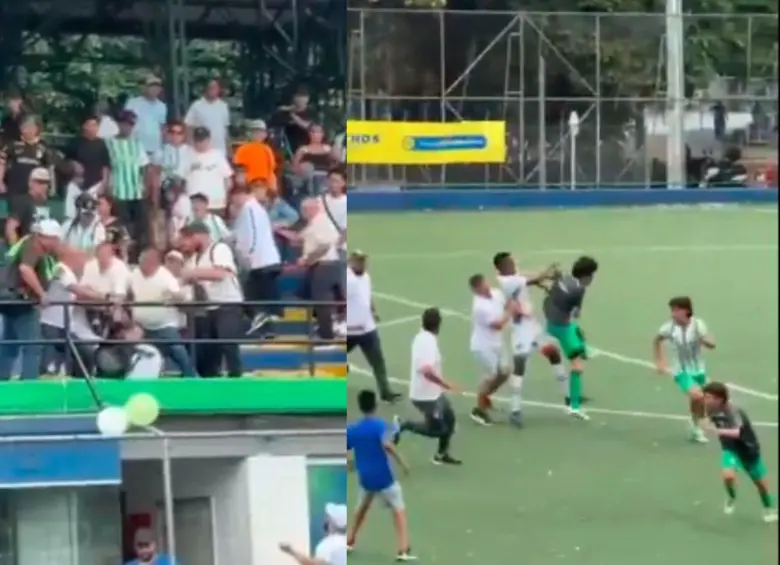 Padres y jugadores de Atlético Nacional y Estudiantil se fueron a los golpes en final de torneo de la Liga Antioqueña de Fútbol. Fotos: Capturas videos