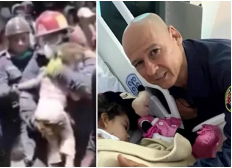 El reencuentro entre la pequeña Sofía, de tres años, y el bombero Germán Duque concluyó con el abrazo que no pudieron darse el día en que la estructura del edificio Ariguaní se vino abajo en Cali. FOTO: Captura de video de redes sociales y cortesía @noticiascaracol