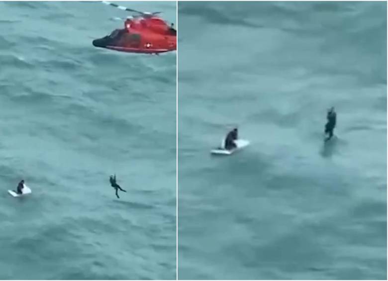 El hombre, que no fue identificado, tuvo que ser rescatado por medio de un helicóptero de la Guardia Costera, tras permanecer una noche solo en medio del agua por culpa del huracán Milton. FOTO: CAPTURA VIDEO REDES SOCIALES