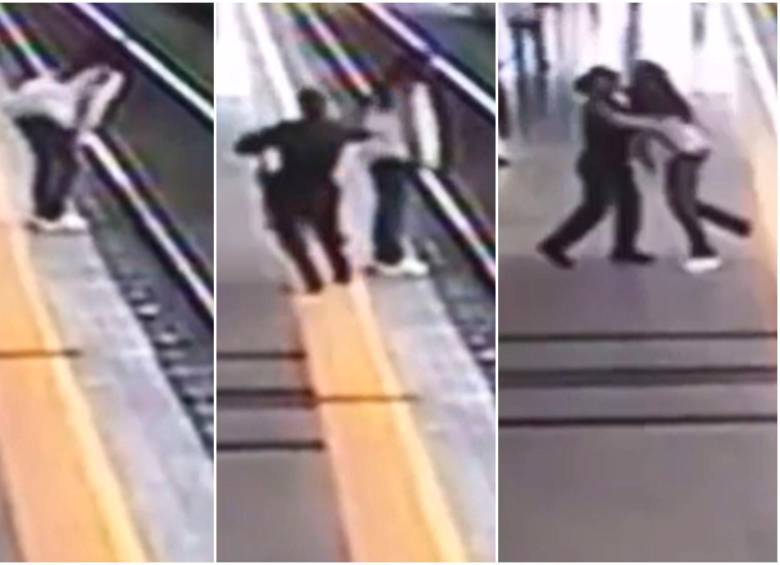 Momentos en los que la auxiliar de policía se abalanza contra una mujer y evita que se lance al a vía férrea del metro. FOTOS: Captura de video