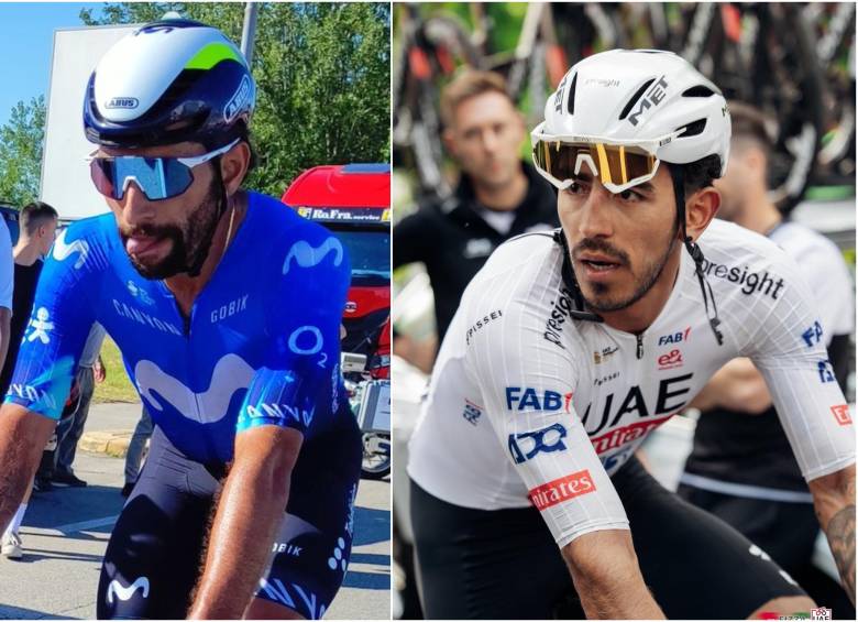 Los pedalistas cafeteros Fernando Gaviria y Juan Sebastián Molano terminaron en seto y séptima posición en esta etapa 13 del Giro de Italia. FOTO: CUENTA DE X @TeamEmiratesUAE y @Movistar_Team