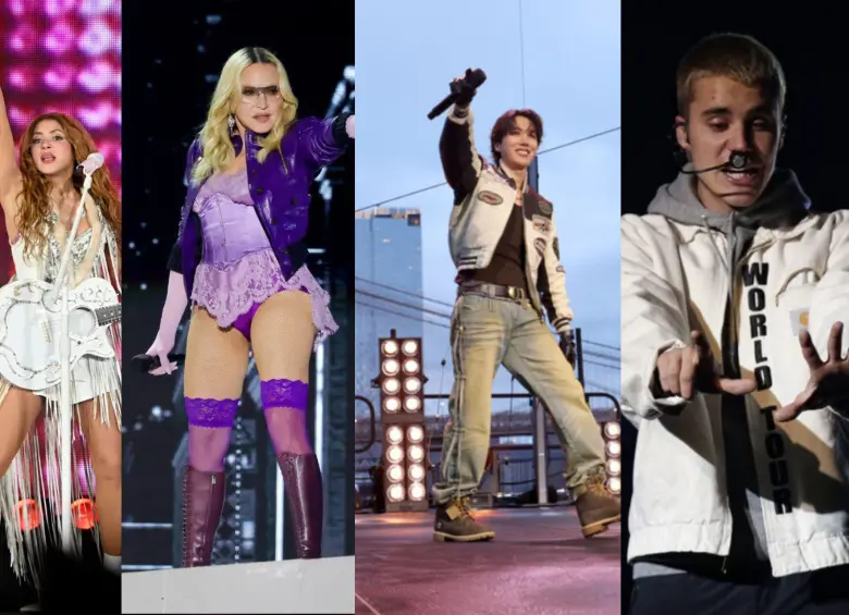 Shakira, Madonna, BTS y Justin Bieber serán algunos de los artistas del show del entretiempo de la final del Mundial 2026. Fotos: Getty Images y Colprensa