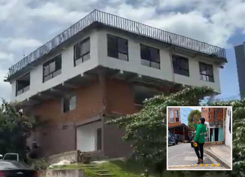 Adelante, funcionario del Distrito realizando controles en Medellín. Atrás, el “torreón” de San Antonio de Prado que van a demoler. FOTO: Cortesía