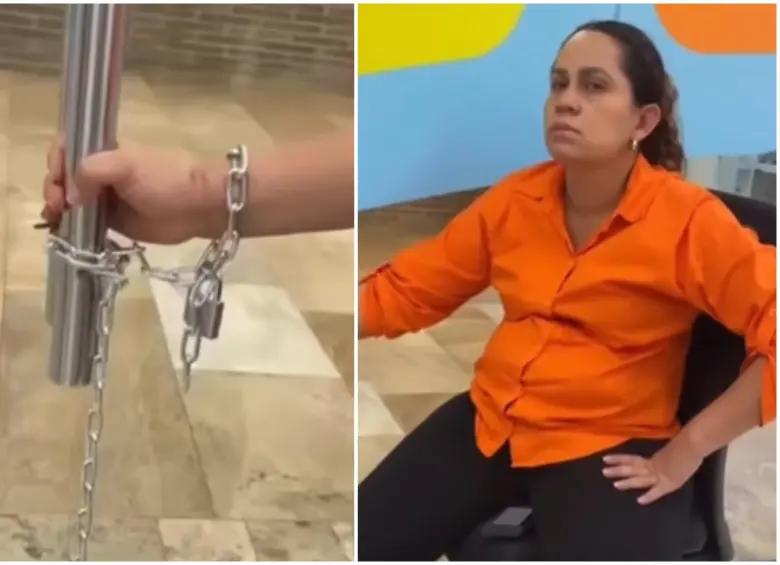 Una de las protestantes encadenada a la sede de Bancolombia en Villavicencio. FOTO: Captura video de redes sociales