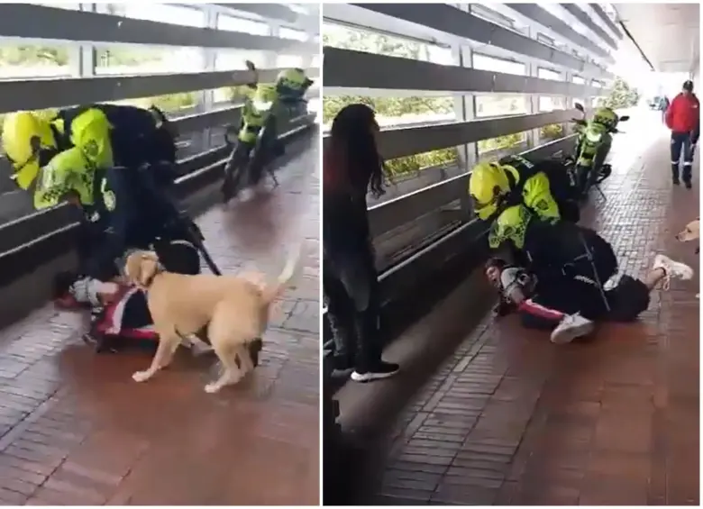 Momento en que de la nada el joven fue neutralizado por los uniformados en Bogotá. FOTO: Captura de video de redes sociales @ULTIMAHORAENX