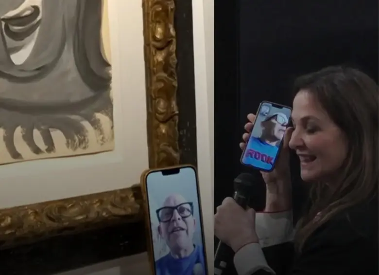 Periodista Peri Cochin y ganador Ari Hodara, en el sorteo “1 Picasso for 100 euros pour 100 euros” Foto: captura de pantalla de RTVE Play