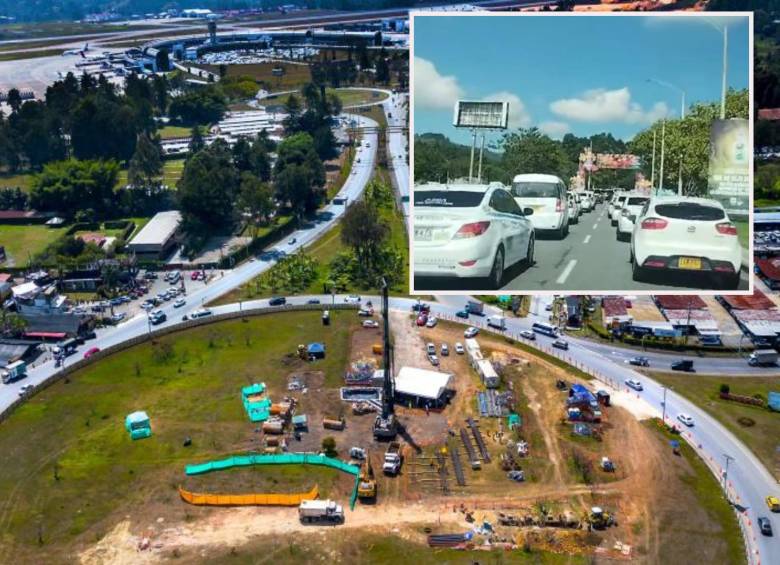 Aabajo, los trabajos en la glorieta del Aeropuerto José María Córdova. Arriba, la congestión presentada esta mañana en la zona. Foto: Andrés Camilo Suárez Echeverry e imagen tomada de redes sociales.