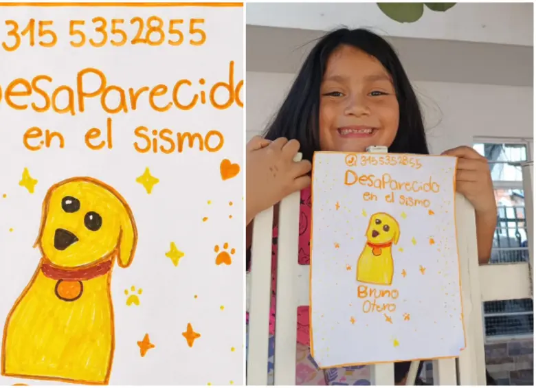 Antonio mostrando su dibujo de Bruno. FOTO: Captura de video de redes sociales de @fundaciongloriamariana, @soylorenarosero y @geraldgmb.