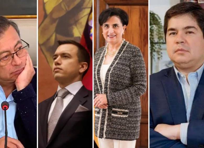 Gustavo Petro, presidente de Colombia; Daniel Noboa, presidente de Ecuador; Gabriela Sommerfeld, canciller de Ecuador y Arturo Félix Wong, embajador de Ecuador en Colombia. FOTO: Colprensa