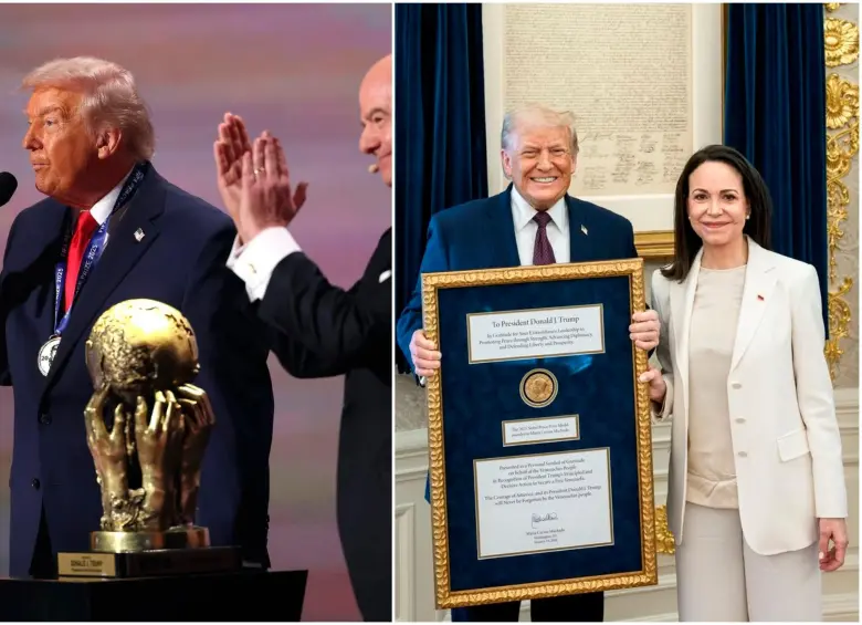 Trump convirtió el premio Nobel de Paz en su obsesión. La Fifa le entregó un reconocimiento por su contribución a la paz y María Corina Machado le regaló la medalla que ella recibió tras ganar el premio entregado por el Comité Noruego del Nobel. FOTOS: Tomadas de Instagram @gianni_infantino y @potus