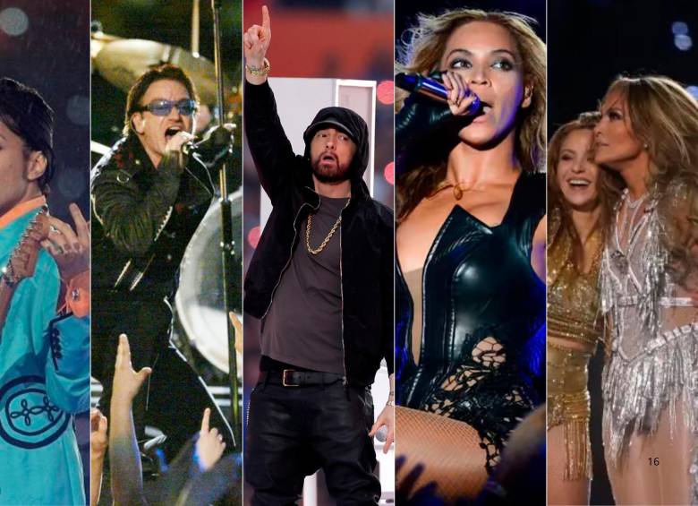 Prince, U2, Eminem y el hip hop, Beyoncé en 2013 y Shakira y JLo en 2020, hacen parte de los grandes espectáculos que se han presentado en el Super Bowl. FOTOS AFP y Getty