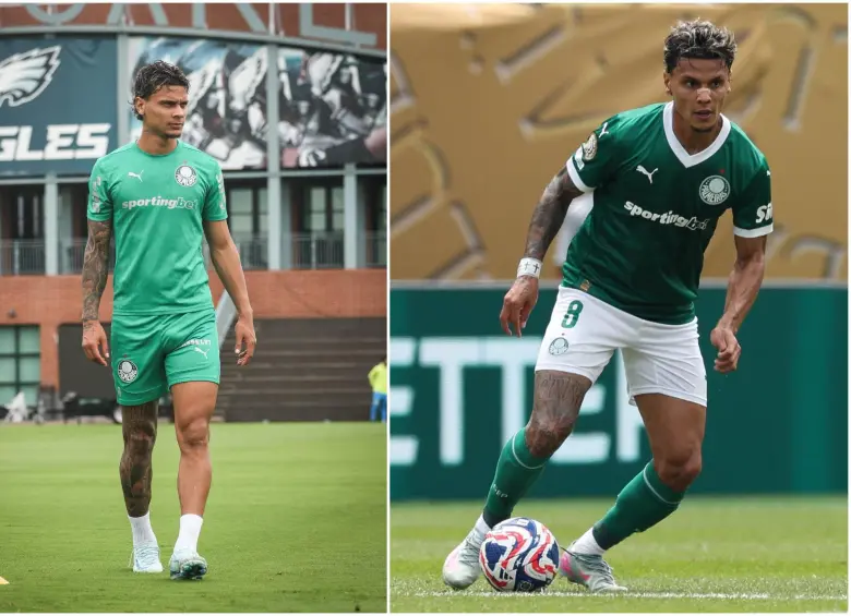 Richard Ríos en un entrenamiento con Palmeiras y durante un partido del Mundial de Clubes. FOTOS: Tomadas de redes sociales Palmeiras