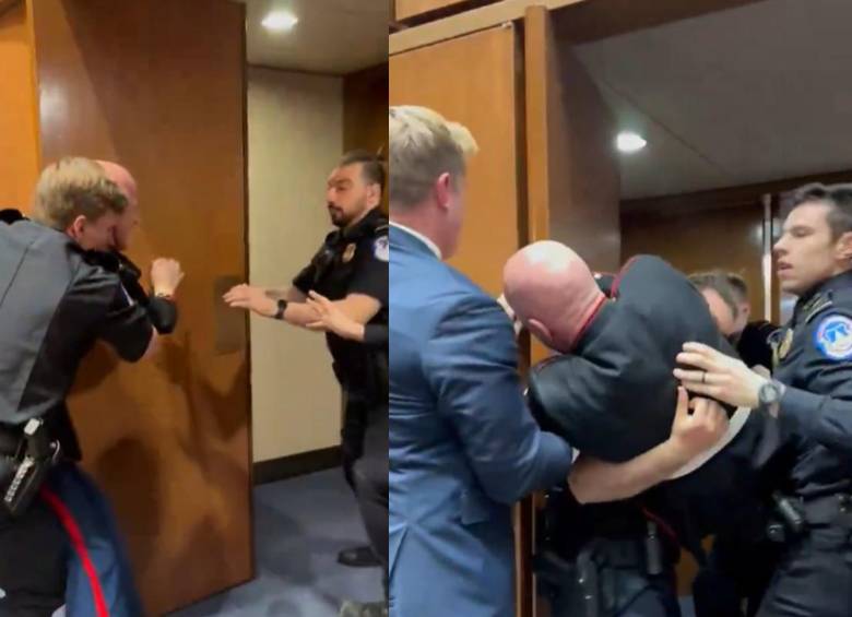 El incidente ocurrió durante una audiencia del Comité de Servicios Armados del Senado, cuando un manifestante contra la guerra fue retirado a la fuerza del recinto con apoyo del senador Tim Sheehy. FOTO: captura de video. 