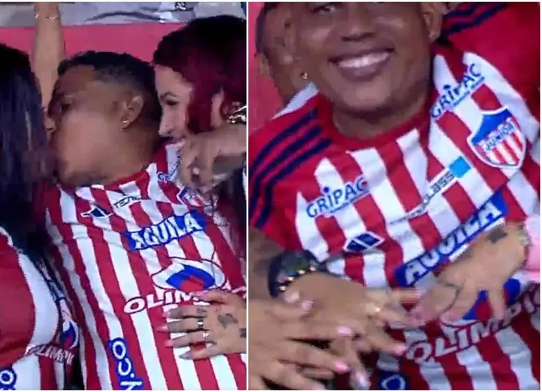 Durante el entretiempo del partido entre Junior y Santa Fe en Barranquilla, este hombre le pidió matrimonio a sus dos novias y le dijeron “sí”. FOTO: Captura de video redes sociales @WinSportsTV