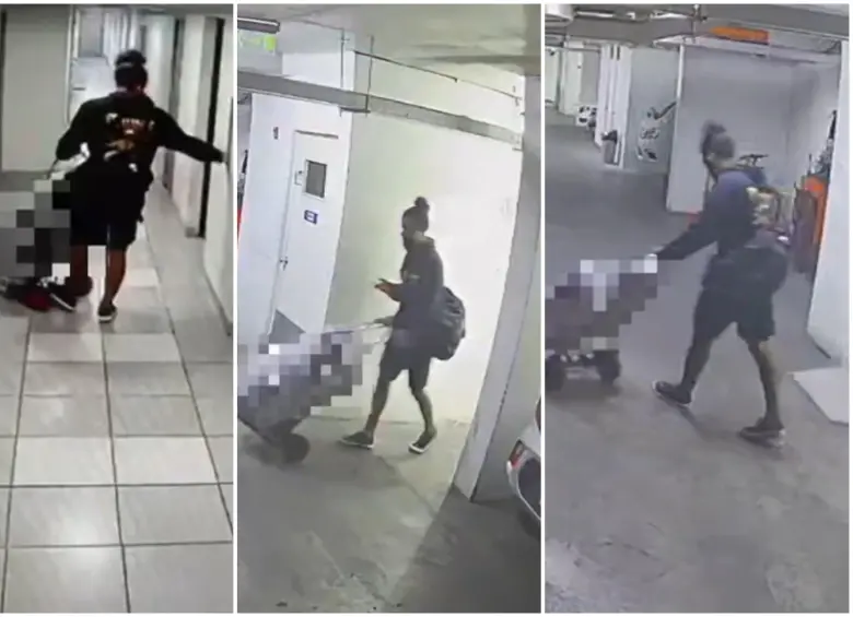 Las cámaras de seguridad que captaron a Abel tras salir con un extraño bulto de un edificio. FOTO: Captura de video @AILNews y de redes sociales @ECOH_FiscaliaRM