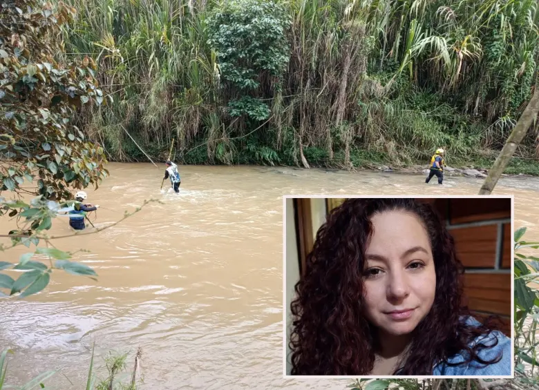 Adelante, Sandra Yanet Gutiérrez Calle, de 49 años, la mujer que era buscada desde el pasado martes 2 de junio. Atrás, las labores de búsqueda da familiares y rescatistas. FOTO: Cortesía e imagen tomada de redes.