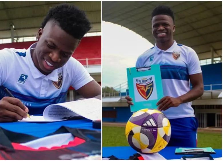 Ricardo Rincón, un influencer oriundo de Cali, de 23 años y conocido como el “Vini colombiano”, firmando el contrato. FOTO: Tomada de redes sociales @realfrontera