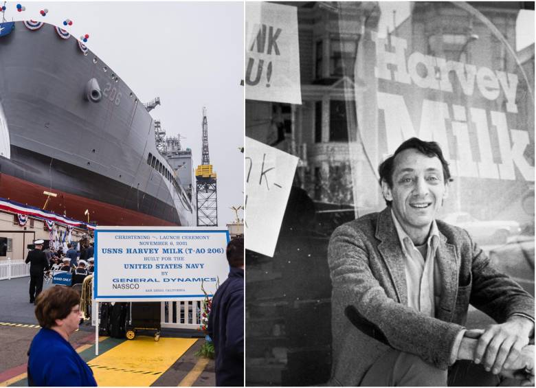 El USNS Harvey Milk en un muelle de San Diego, California, y el político homosexual Harvey Milk. FOTO: AFP y redes sociales @HFCardonaG