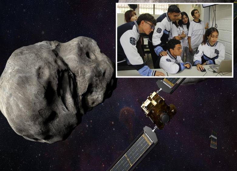 Adelante, un grupo de estudiantes antioqueños en la búsqueda de posibles asteroides. Atrás, imagen ilustrativa de la Nasa. FOTO: Cortesía e imagen tomada de redes.