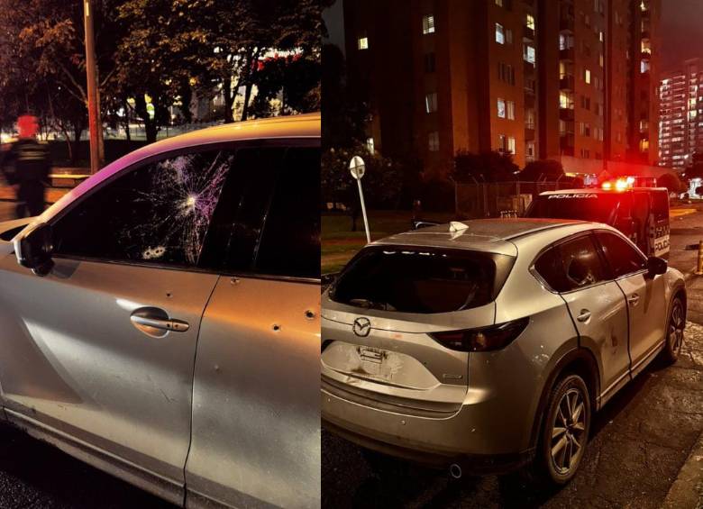 La camioneta atacada fue hallada abandonada con varios impactos de bala en el norte de Bogotá. FOTO: tomada de X. 