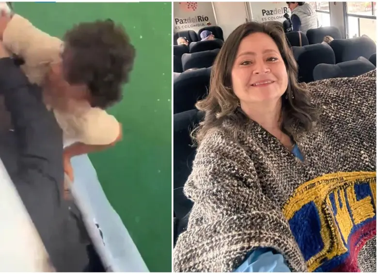 El joven Alexander Avendaño de 22 años cuando estaba en el planchón y la ministra de Transporte, María Fernanda Rojas. FOTO: Captura de video de redes sociales y @maferojas