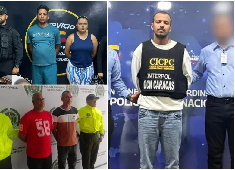 Los detenidos son identificados como María Fernanda Delgado Hernández, Edinson José Torres Sarmiento (arriba a la izquierda), Eduardo David Ramos (derecha) y Jesús Alberto Hernández Morales y Kelvis Daniel Sequeira Delgado (abajo a la izquierda). FOTO: CICPC y Policía Nacional
