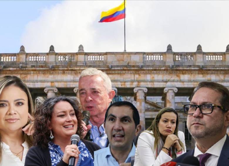 De izquierda a derecha: Lina Garrido (Cambio Radica); Angélica Lozano (Alianza Verde); Álvaro Uribe (Centro Democrático); David Barguil (Partido Conservador); Carolina Corcho (Pacto Histórico) y Lidio García (Partido Liberal). Fotos: Colprensa